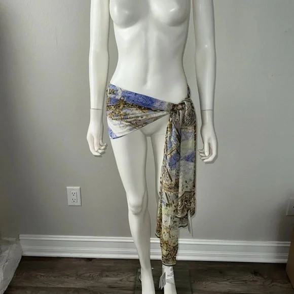 Camilla “Guilded Pleasures” blue white silk long scarf shawl belt top headwrap